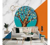 Custom Size Wall Sticker Mural， Abstract Tree with Blue and Yellow Gems， Fan Shape， for wall Decoration， peelandstick wall Decals.