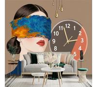 Custom Size Wall Sticker Mural， Abstract Woman with Colorful Blindfold and Modern Clock Art， for wall Decoration， peelandstick wall Decals.