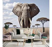 Custom Size Wall Sticker Mural，African Elephant Walking on Savannah Path with Acacia Trees，Removable SelfAdhesive Wall Fabric Large Photo Wallpaper for Living Room Bedroom