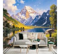 Custom Size Wall Sticker Mural，Alpine Lake Snowy Mountain Peak Wildflowers Flying Birds，Removable SelfAdhesive Wall Fabric Large Photo Wallpaper for Living Room Bedroom