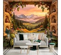 Custom Size Wall Sticker Mural， Alpine Sunset Landscape， Green Meadows and Pine Forests， Floral Window Frame， for wall Decoration， peelandstick wall Decals.