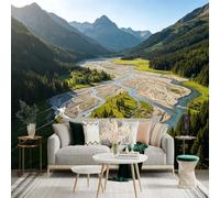 Custom Size Wall Sticker Mural， Alpine Valley Landscape， Serene River Flowing， Lush Evergreen Forest， Majestic Mountain Peaks， for wall Decoration， peelandstick wall Decals.