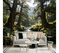 Custom Size Wall Sticker Mural， Ancient Cedar Forest with Crystal Clear Stream， Serene Mountain Valley Scenery， for wall Decoration， peelandstick wall Decals.