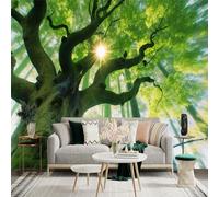 Custom Size Wall Sticker Mural， Ancient Tree with Sunlight Rays， Magic Forest and Green Leaves， for wall Decoration， peelandstick wall Decals.