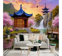 Custom Size Wall Sticker Mural， Asian Pagoda with Cherry Blossoms， Waterfall and Koi Pond， Tranquil Nature Landscape， for wall Decoration， peelandstick wall Decals.