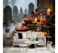 Custom Size Wall Sticker Mural， Autumn Festive Sweets and Pumpkins， Foggy Cemetery Setting， Candles and Decorative Roses， for wall Decoration， peelandstick wall Decals.