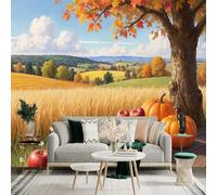 Custom Size Wall Sticker Mural， Autumn Harvest Landscape with Pumpkins Apples and Golden Fields， for wall Decoration， peelandstick wall Decals.