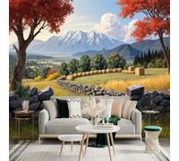 Custom Size Wall Sticker Mural，Autumn Landscape Farm Hay Bales Snow Mountains Valley Trees，Removable SelfAdhesive Wall Fabric Large Photo Wallpaper for Living Room Bedroom