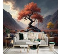 Custom Size Wall Sticker Mural， Autumn Landscape with Red Tree and Mountains， SelfAdhesive Wall Art Decor for Office