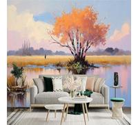 Custom Size Wall Sticker Mural， Autumn Tree by Lake， Reflection Landscape， Warm Sunset Sky， for wall Decoration， peelandstick wall Decals.