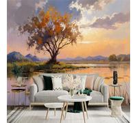 Custom Size Wall Sticker Mural， Autumn Tree by Lake with Mountains and Sunset Reflection， for wall Decoration， peelandstick wall Decals.