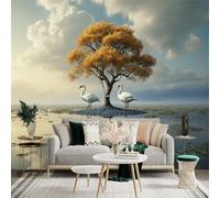 Custom Size Wall Sticker Mural， Autumn Tree with White Swans and Lake Reflection， Tranquil Nature Landscape Art， for wall Decoration， peelandstick wall Decals.