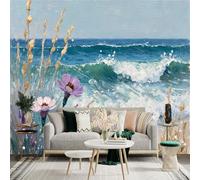 Custom Size Wall Sticker Mural， Beach Waves with Flowers and Reeds， for wall Decoration， peelandstick wall Decals.