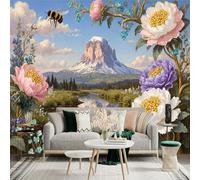 Custom Size Wall Sticker Mural，Bees Butterflies Flowers Mountain Lake Reflection，Removable SelfAdhesive Wall Fabric Large Photo Wallpaper for Living Room Bedroom