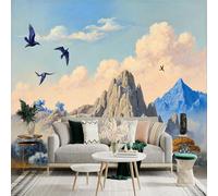 Custom Size Wall Sticker Mural， Birds in Flight Over Mountain Landscape with Clouds， for wall Decoration， peelandstick wall Decals.