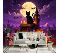 Custom Size Wall Sticker Mural， Black Cat on Old Books， Glowing Jacko'lanterns， Full Moon Night， Gothic Tower， Magical Potion， for wall Decoration， peelandstick wall Decals.