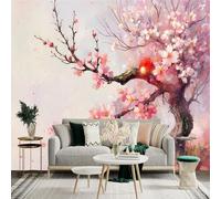 Custom Size Wall Sticker Mural， Blooming Cherry Blossom Tree with Sunrise and Watercolor Painting Style， for wall Decoration， peelandstick wall Decals.