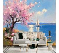 Custom Size Wall Sticker Mural， Blooming Cherry Tree， Sailboat on the Water， Flowers， for wall Decoration， peelandstick wall Decals.