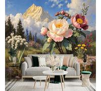 Custom Size Wall Sticker Mural， Blooming Peonies Beside Mountain Stream Landscape with Wildflowers and Blue Sky， for wall Decoration， peelandstick wall Decals.