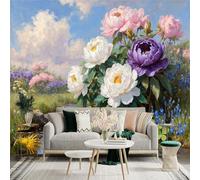 Custom Size Wall Sticker Mural， Blooming Peonies by Stream with Blue Sky and Clouds， for wall Decoration， peelandstick wall Decals.