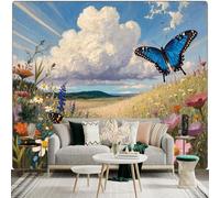 Custom Size Wall Sticker Mural，Blue Butterfly Monarch Butterfly Flowers Meadow Sky，Removable SelfAdhesive Wall Fabric Large Photo Wallpaper for Living Room Bedroom