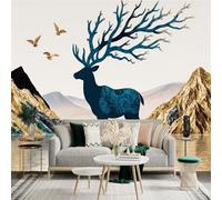 Custom Size Wall Sticker Mural， Blue Deer with Abstract Antlers， Golden Mountains and Flying Birds， for wall Decoration， peelandstick wall Decals.