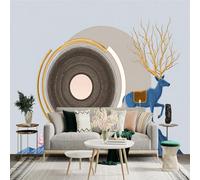 Custom Size Wall Sticker Mural， Blue Deer with Golden Antlers on Mountain and Abstract Lotus Sun Art， for wall Decoration， peelandstick wall Decals.