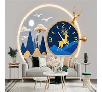 Custom Size Wall Sticker Mural， Blue Deer with Moon Mountains and Flying Birds Art， for wall Decoration， peelandstick wall Decals.