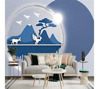 Custom Size Wall Sticker Mural， Blue Mountains with Moon， Flying Deer and Birds， Abstract Landscape Art， for wall Decoration， peelandstick wall Decals.