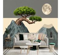 Custom Size Wall Sticker Mural， Bonsai Tree on Rocky Mountain Under Full Moon with Minimalist Landscape， for wall Decoration， peelandstick wall Decals.