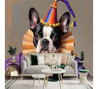 Custom Size Wall Sticker Mural，Boston Terrier Dog Jester Costume Portrait，Removable SelfAdhesive Wall Fabric Large Photo Wallpaper for Living Room Bedroom