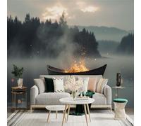 Custom Size Wall Sticker Mural， Burning Boat on Misty Lake， Cinematic Fire Sparkles， Ethereal Nature Landscape， for wall Decoration， peelandstick wall Decals.