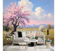 Custom Size Wall Sticker Mural， Cherry Blossom Tree， Blooming Wildflowers， Gentle Stream， Rolling Hills， Pastel Sky， for wall Decoration， peelandstick wall Decals.