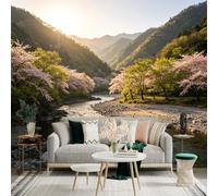 Custom Size Wall Sticker Mural， Cherry Blossom Trees by the River， Peaceful Mountain Landscape at Sunrise， for wall Decoration， peelandstick wall Decals.