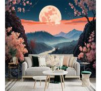 Custom Size Wall Sticker Mural， Cherry Blossoms by River， Mountains， Full Moon， SelfAdhesive Wall Art Decor for Office