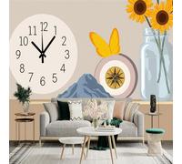 Custom Size Wall Sticker Mural， Clock with Sunflowers， Butterfly and Abstract Mountain Art， for wall Decoration， peelandstick wall Decals.