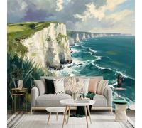 Custom Size Wall Sticker Mural， Coastal Cliffs with Ocean Waves and Green Fields Under Cloudy Sky， for wall Decoration， peelandstick wall Decals.