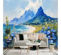 Custom Size Wall Sticker Mural， Coastal Landscape with Blue Flowers and Mountains， SelfAdhesive Wall Art Decor for Office