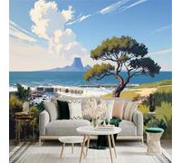 Custom Size Wall Sticker Mural， Coastal Landscape with Lone Tree， Blue Ocean Waves， Scenic Mountain View， Sunny Summer Sky， for wall Decoration， peelandstick wall Decals.