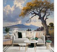 Custom Size Wall Sticker Mural， Coastal Landscape with Old Tree， Sea Waves and Mountains， for wall Decoration， peelandstick wall Decals.