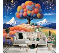 Custom Size Wall Sticker Mural， Colorful Dream Tree， Snowy Mountain Peaks， Winding Meadow Path， Night Sky Stars， for wall Decoration， peelandstick wall Decals.