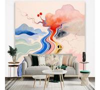 Custom Size Wall Sticker Mural， Colorful Wavy River Landscape with Mountains and Abstract Clouds， SelfAdhesive Wall Art Decor for Office
