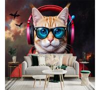 Custom Size Wall Sticker Mural，Cool Orange Cat DJ with Headphones and Glasses， Bats in Sky，Removable SelfAdhesive Wall Fabric Large Photo Wallpaper for Living Room Bedroom