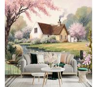 Custom Size Wall Sticker Mural，Countryside Cottage Swans Spring Blossoms Lake View，Removable SelfAdhesive Wall Fabric Large Photo Wallpaper for Living Room Bedroom