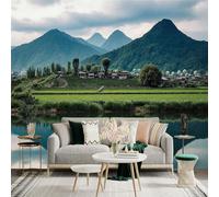 Custom Size Wall Sticker Mural，Countryside Village Misty Mountain Lake Reflection，Removable SelfAdhesive Wall Fabric Large Photo Wallpaper for Living Room Bedroom