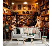 Custom Size Wall Sticker Mural， Cute Cats Playing Musical Instruments， Rock Band Performance in Music Studio， Retro Aesthetic Room Decor， for wall Decoration， peelandstick wall Decals.