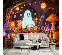 Custom Size Wall Sticker Mural， Cute Ghost Riding Candy Train， Fantasy Cave with Glowing Orbs， Autumn Harvest Pumpkins， for wall Decoration， peelandstick wall Decals.
