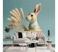 Custom Size Wall Sticker Mural， Cute Rabbit in Decorative Bowl with Dried Wheat and Blue Egg， for wall Decoration， peelandstick wall Decals.