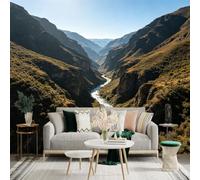 Custom Size Wall Sticker Mural， Deep Canyon with Winding River， Majestic Mountain Landscape， Natural Scenic Valley， for wall Decoration， peelandstick wall Decals.