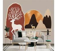 Custom Size Wall Sticker Mural， Deer and Mountain Landscape with Sunset and Tree Silhouette， for wall Decoration， peelandstick wall Decals.